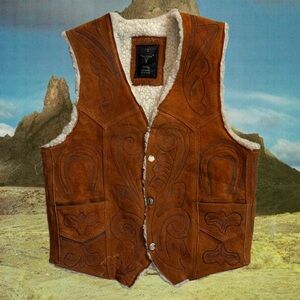 VINTAGE HANDMADE - Tan Western Style Suede Vest with Wool Trim - One of a Kind